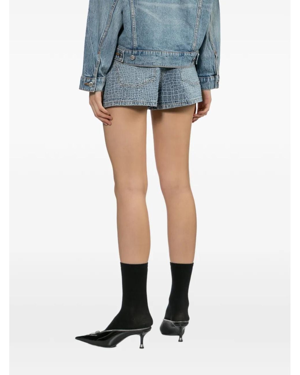 Self-Portrait Blue Rhinestone Croc Effect Denim Shorts