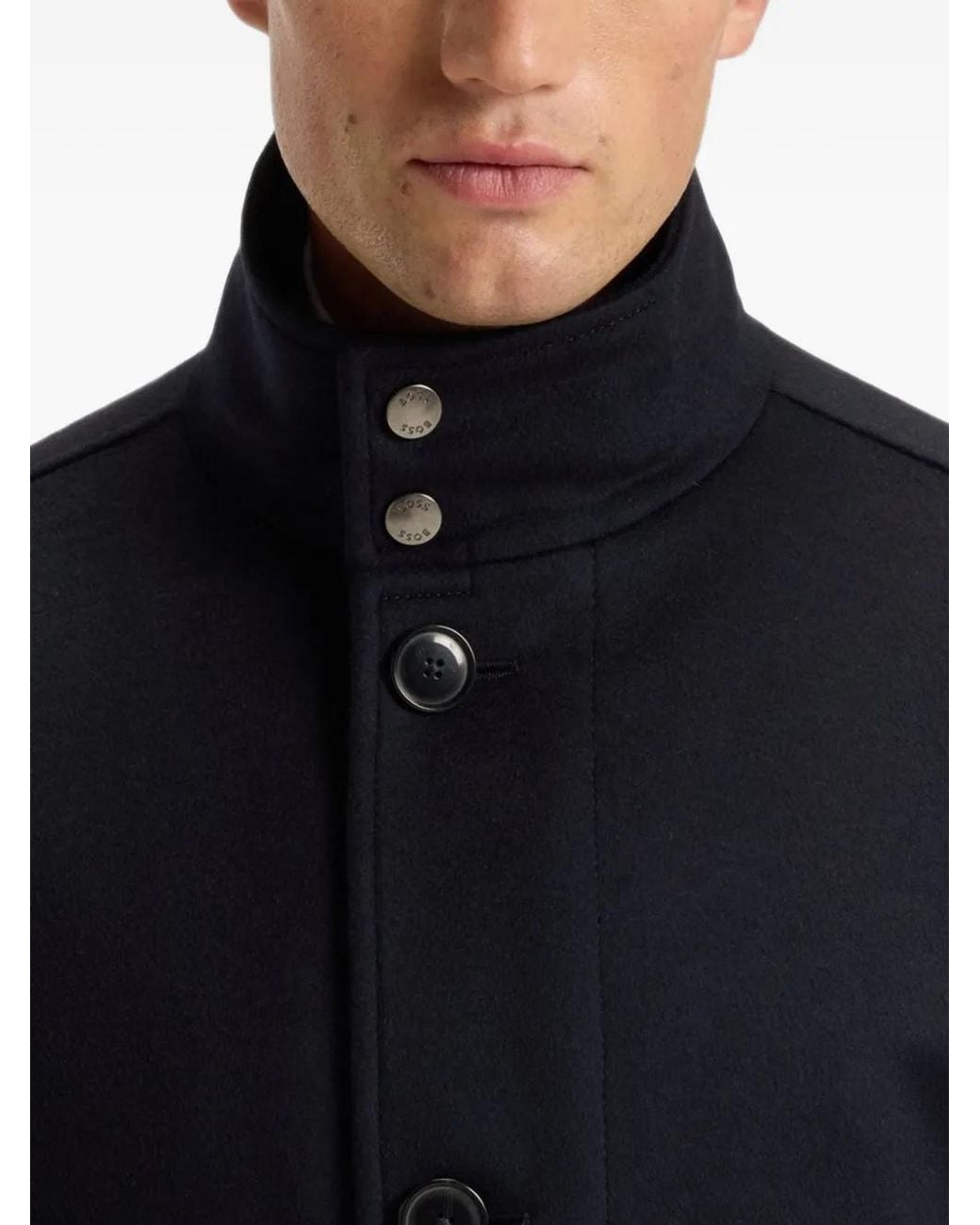 Boss Blue High-Neck Single-Breasted Coat for men