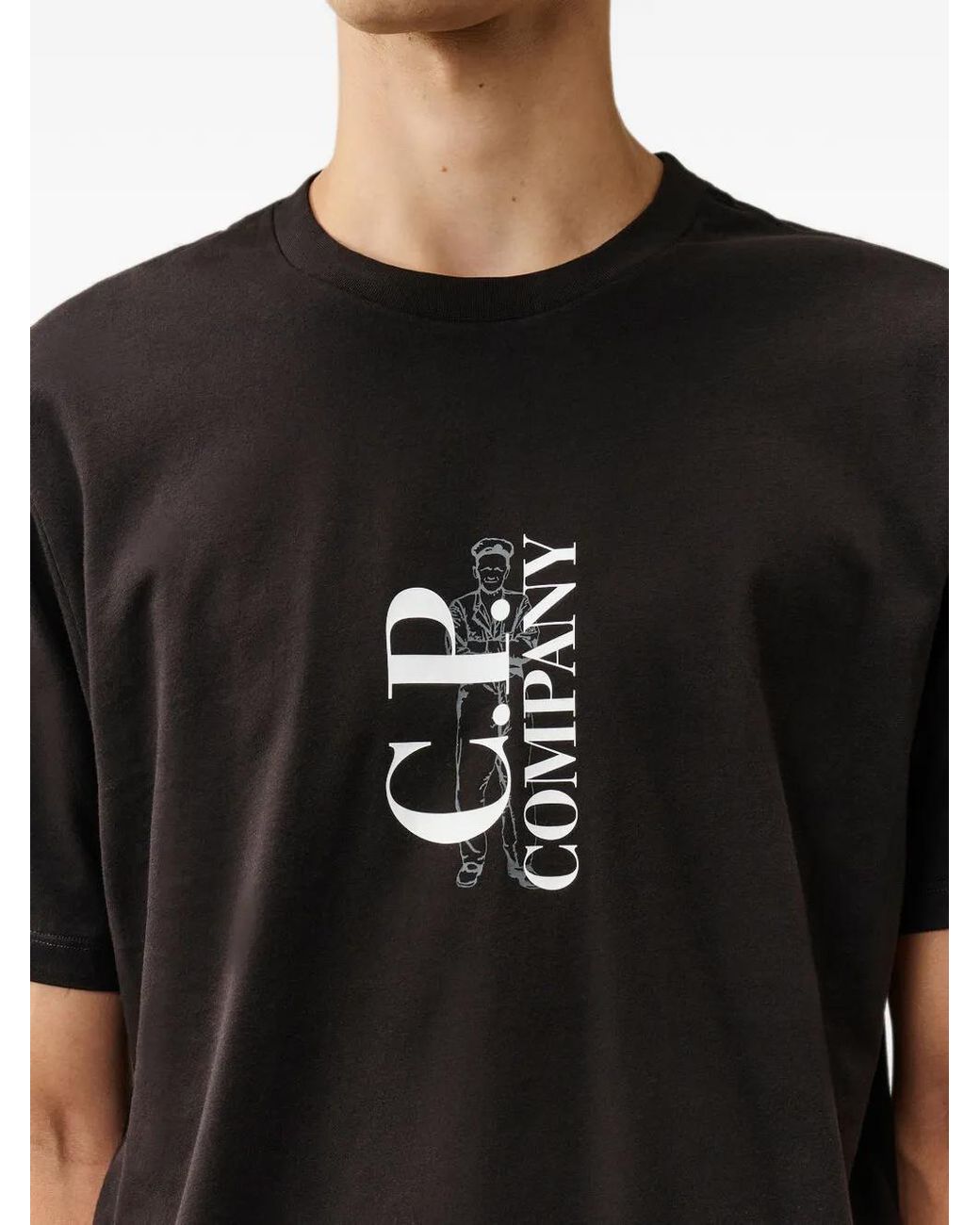 C P Company Black 30/1 Jersey Short Sleeve Vertical Logo T-Shirt for men