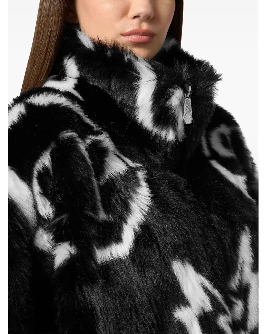 Philipp Plein Black Monogram-Print Faux Fur Coat