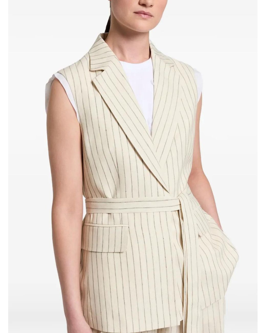 Peserico White Pinstripe-Pattern Belted Jacket