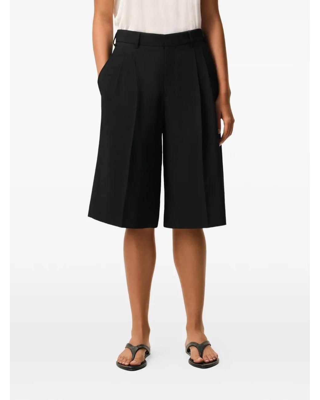 AMI Black Wool Pleated Wide-Leg Shorts
