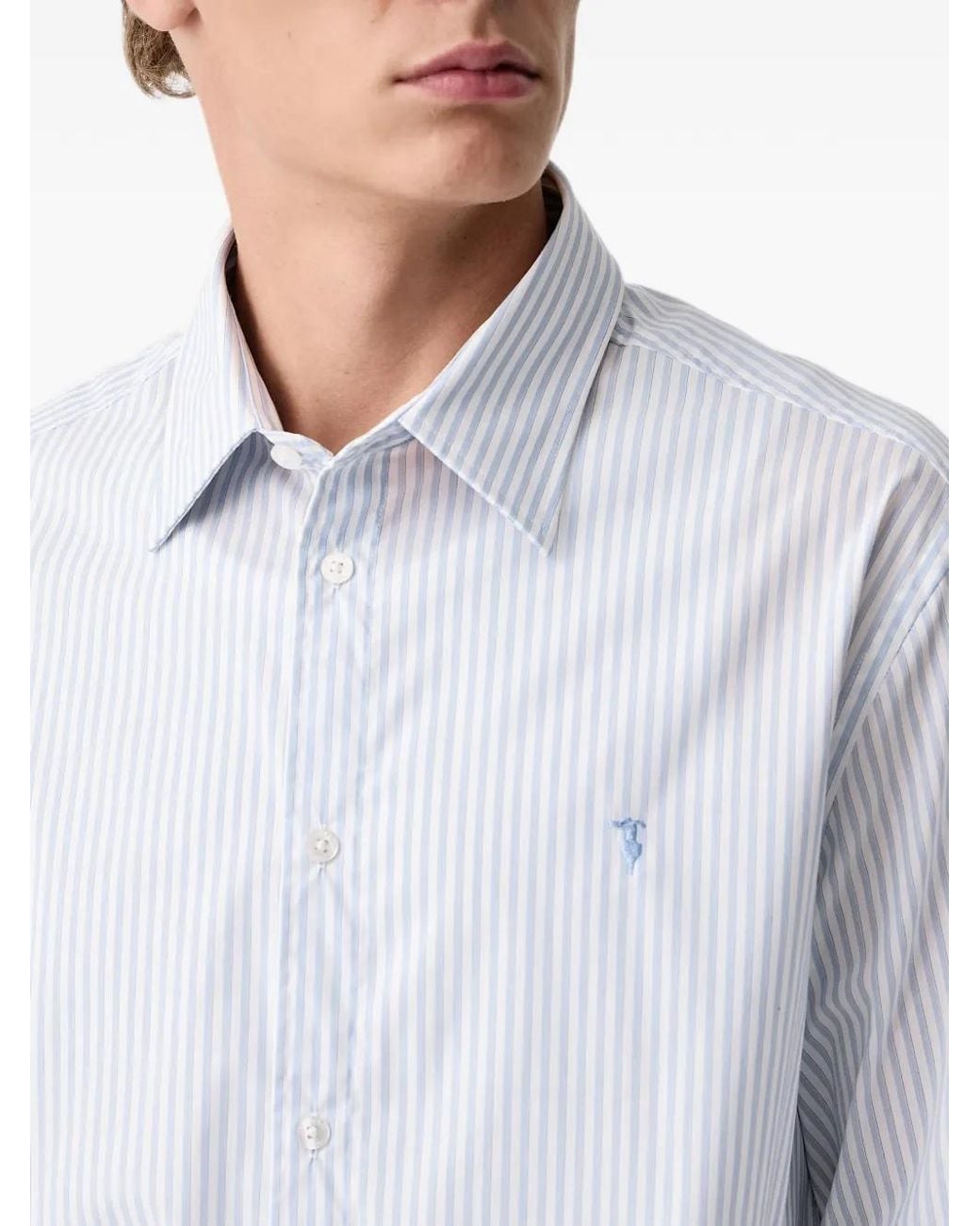 Trussardi White Vertical-Stripe Embroidered-Logo Shirt for men