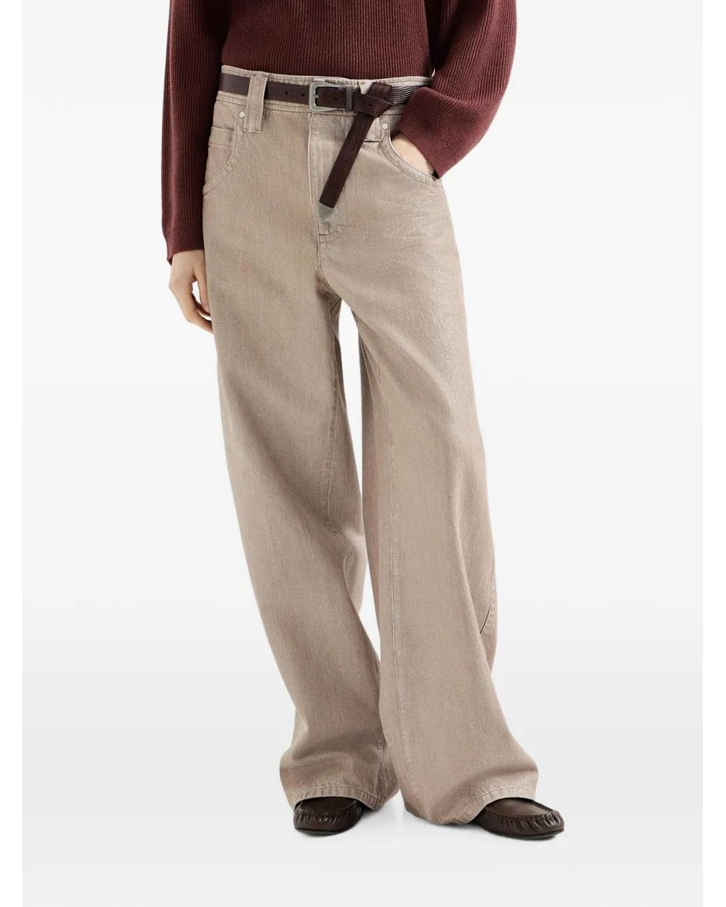 Brunello Cucinelli Natural Lamé Denim Baggy Trousers With Monili