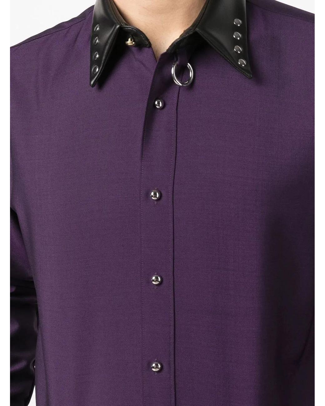 Roberto Cavalli Purple Leather Collar Front-Button Shirt for men