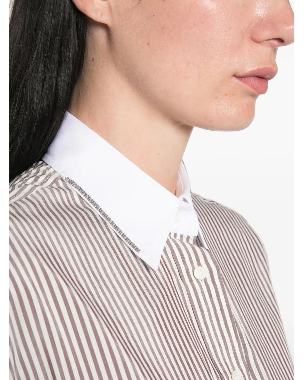 Brunello Cucinelli White Chemise En Soie À Rayures Et Détail Monili Signature