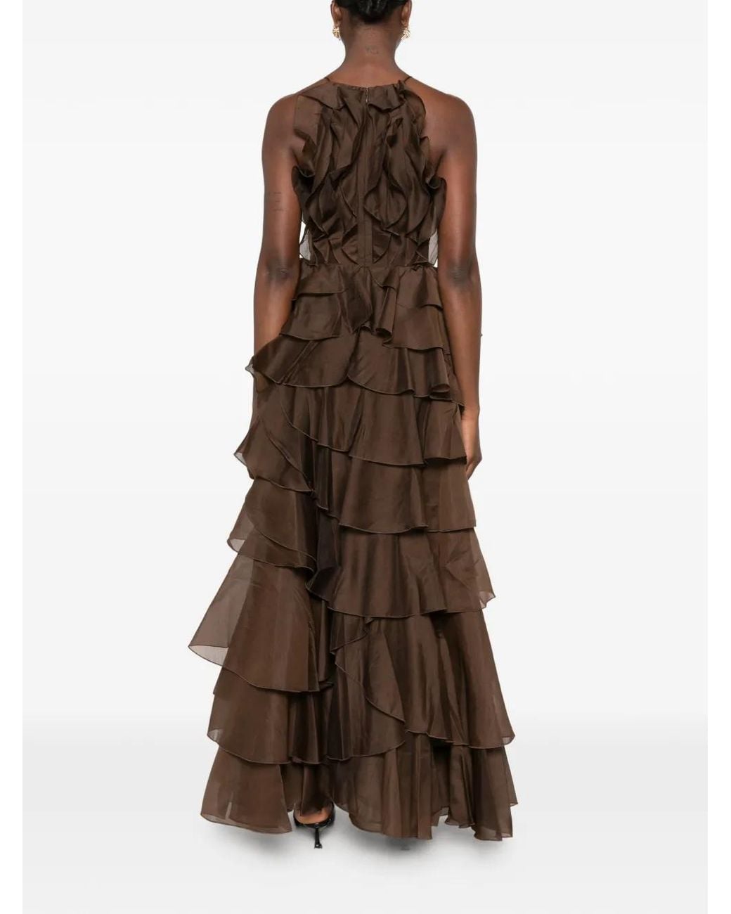 Aje. Brown Ruffled Tiered Maxi Gown