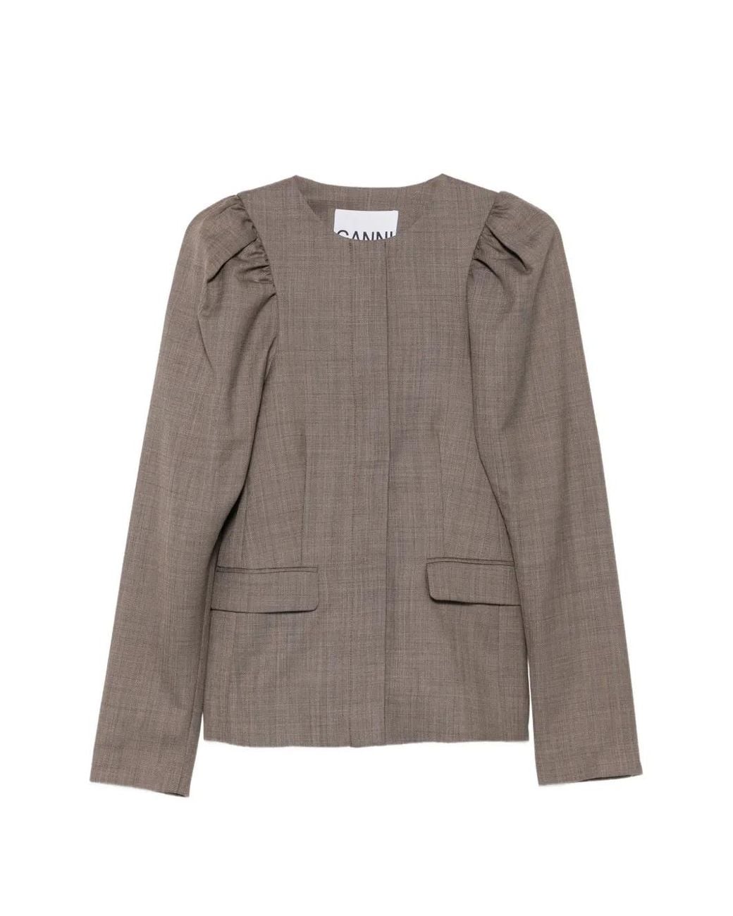 Ganni Brown Wool Melange Puffy-Sleeve Jacket