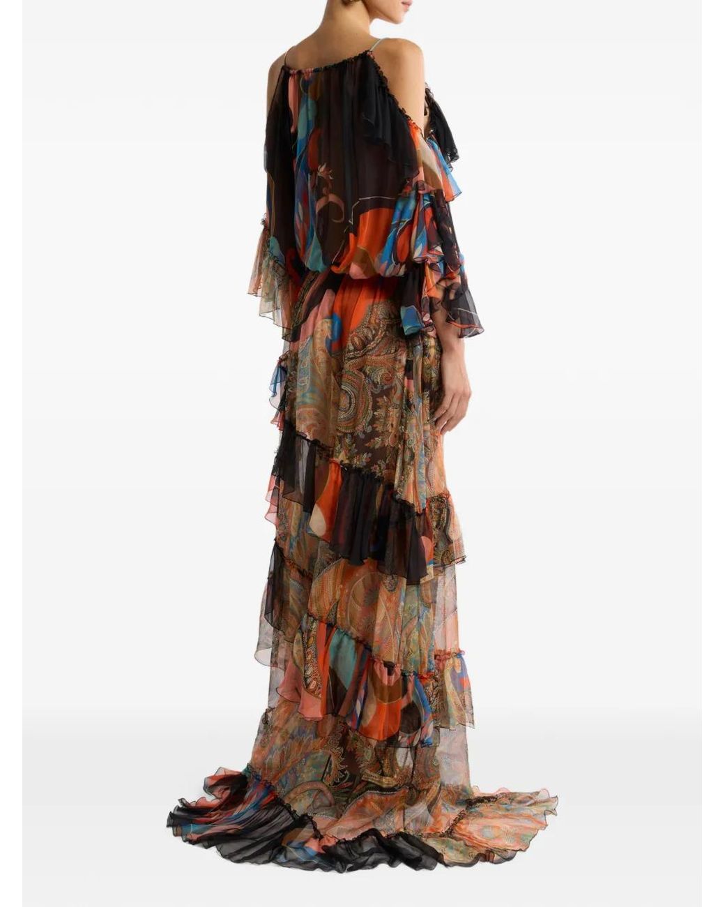 Etro Brown Long Silk Dress With Ruffles And Two Motifs