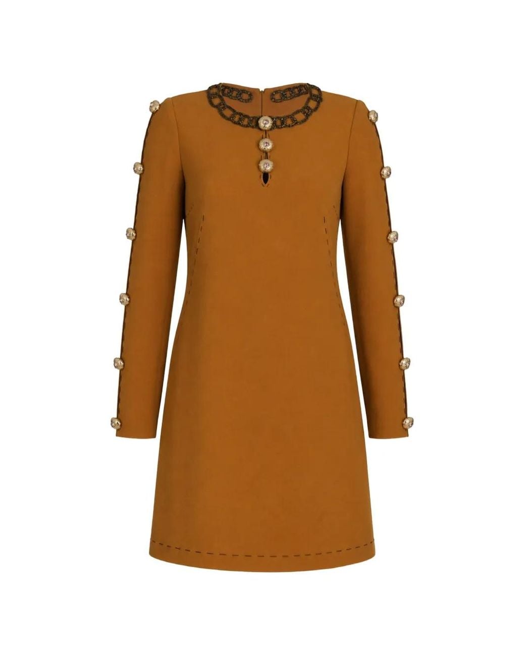 Dolce & Gabbana Brown Crystal-Embellished Decorative-Button Mini Dress