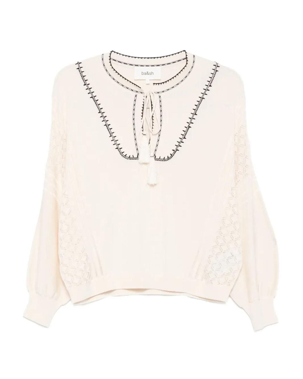Ba&sh White Bausca Embroidered Tassel-Neck Top