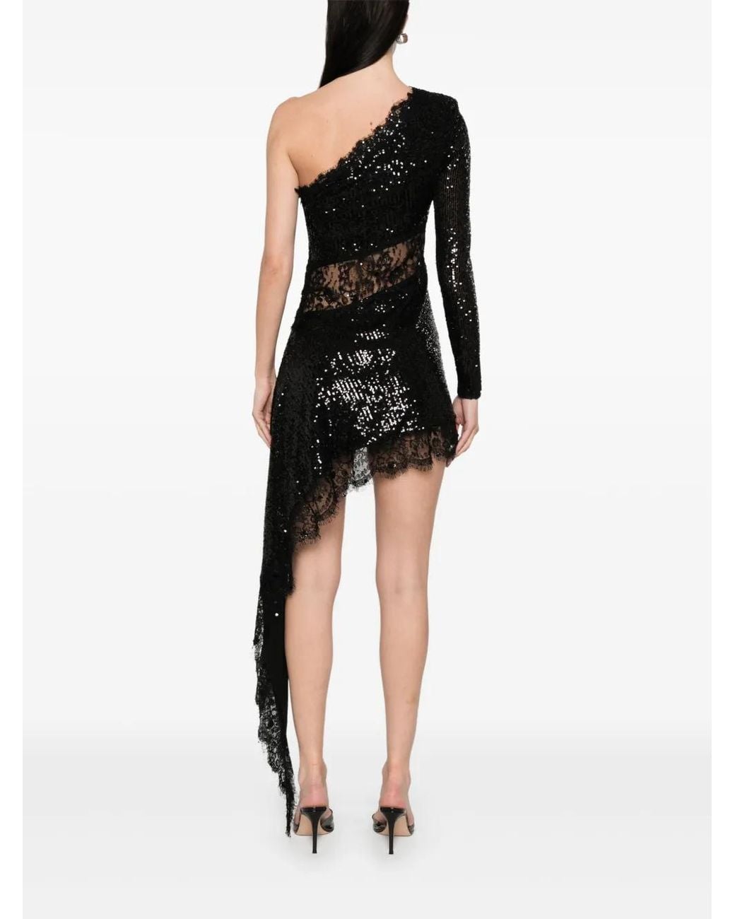 Nissa Black Lace-Insert Sequined Mini Dress