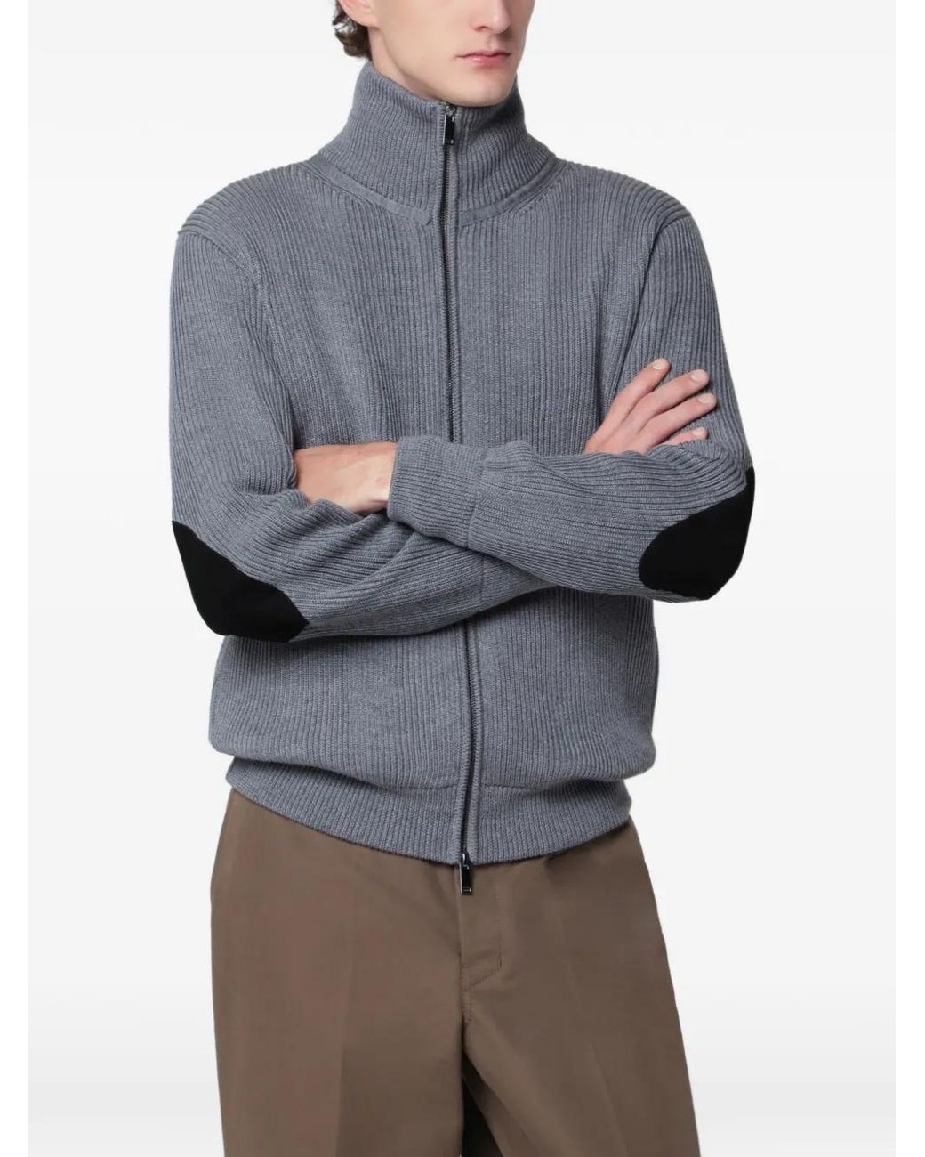Roberto Collina Gray Ribbed-Knit Elbow-Patch Cardigan for men