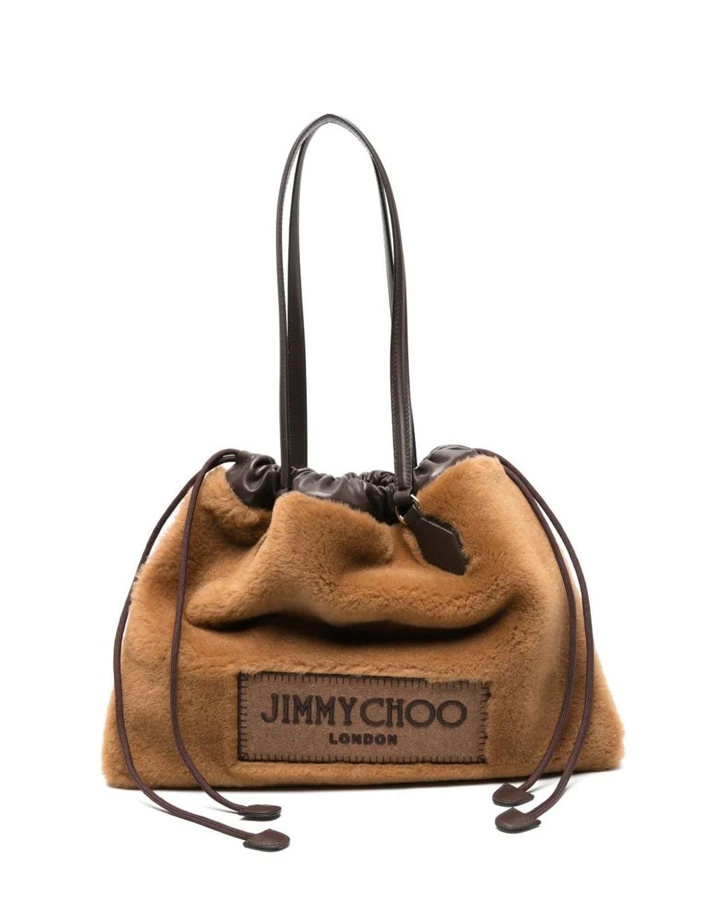 Jimmy Choo Brown Drawstring Shearling Tote Bag