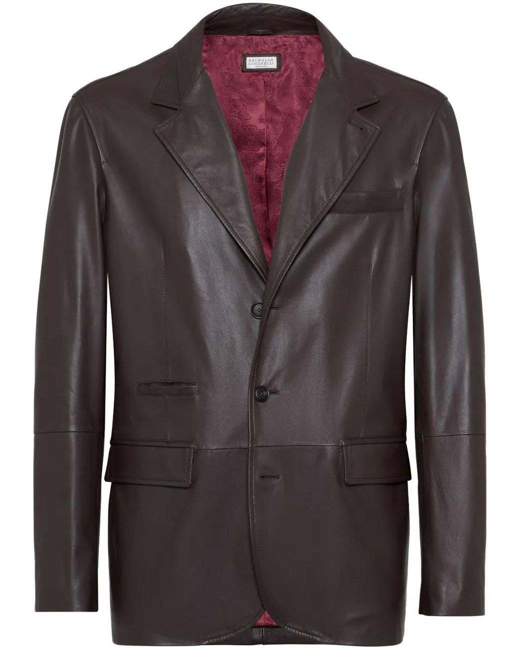 Brunello Cucinelli Brown Single-Breasted Leather Blazer for men