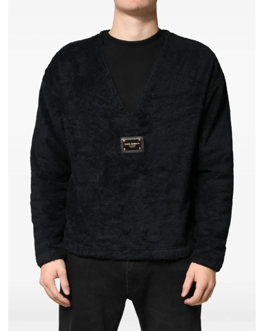 Dolce & Gabbana Black V-Neck Logo-Plaque Sweatshirt for men