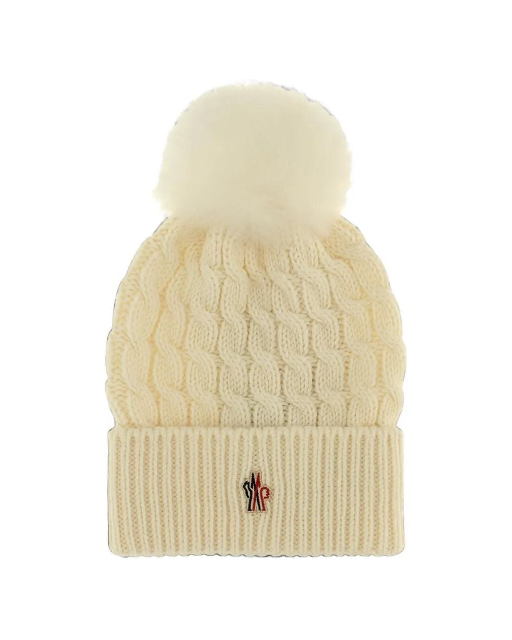 Moncler White Cable-Knit Pompom Beanie Hat