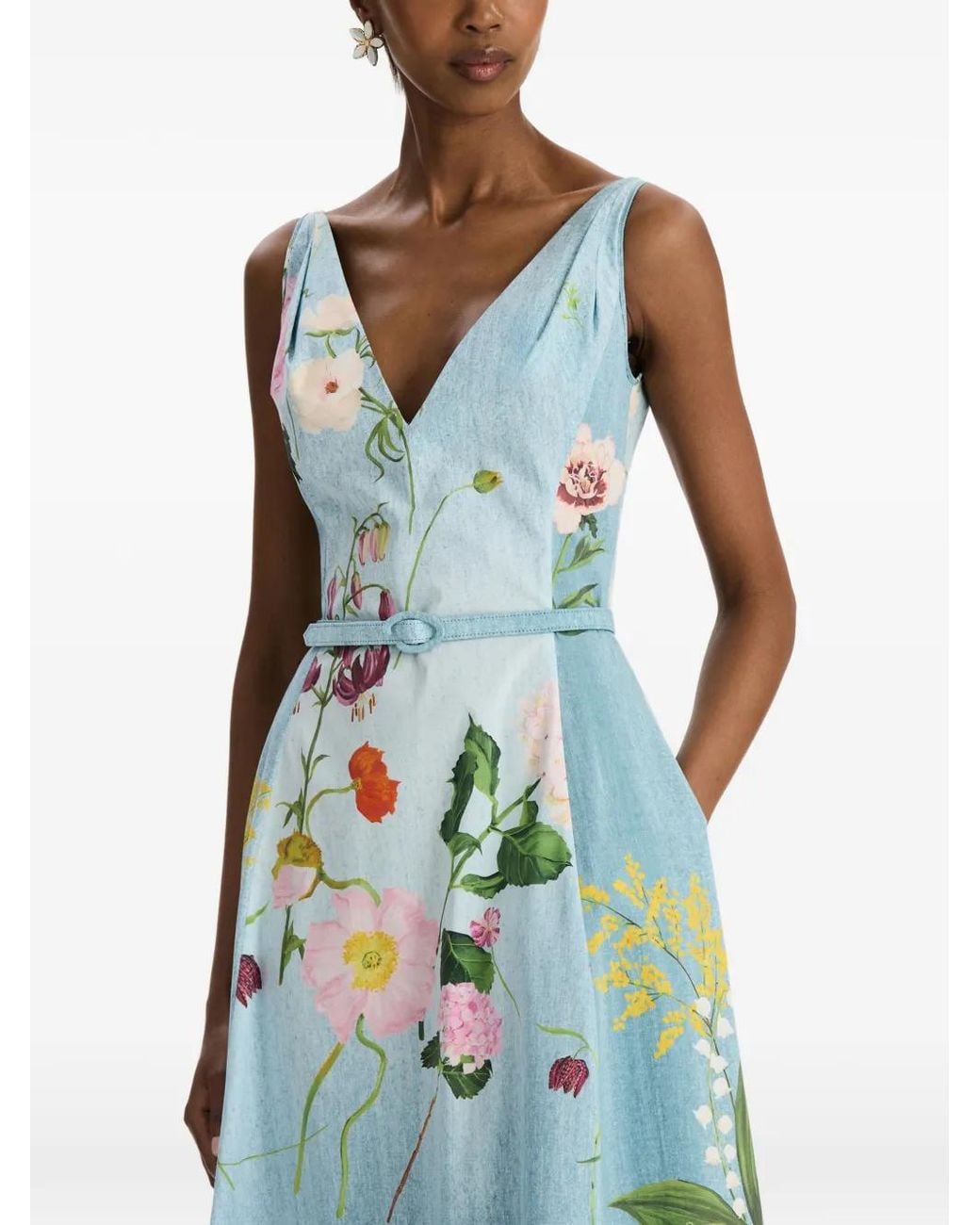 Oscar de la Renta Blue Mixed Botanical Cotton Poplin Dress