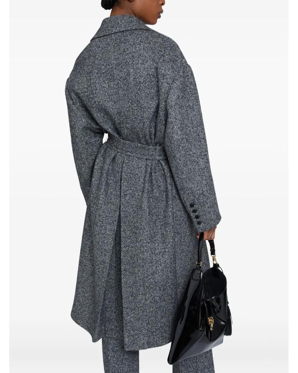 Ermanno Scervino Gray Herringbone-Pattern Belted Coat