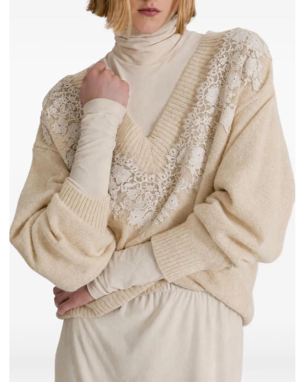 Alberta Ferretti White Lace-Trim V-Neck Sweater