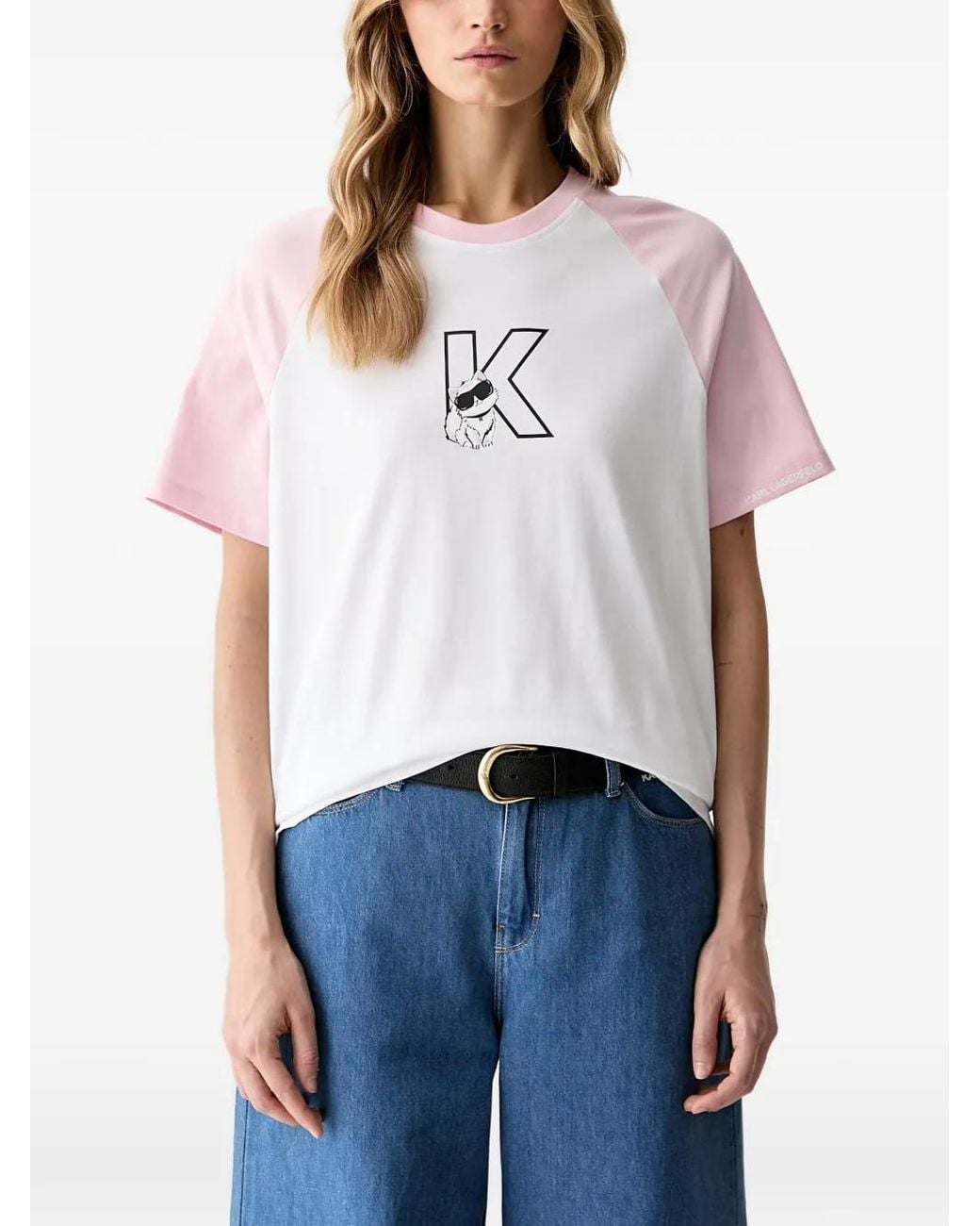 Karl Lagerfeld White Raglan-Sleeve Logo-Print T-Shirt