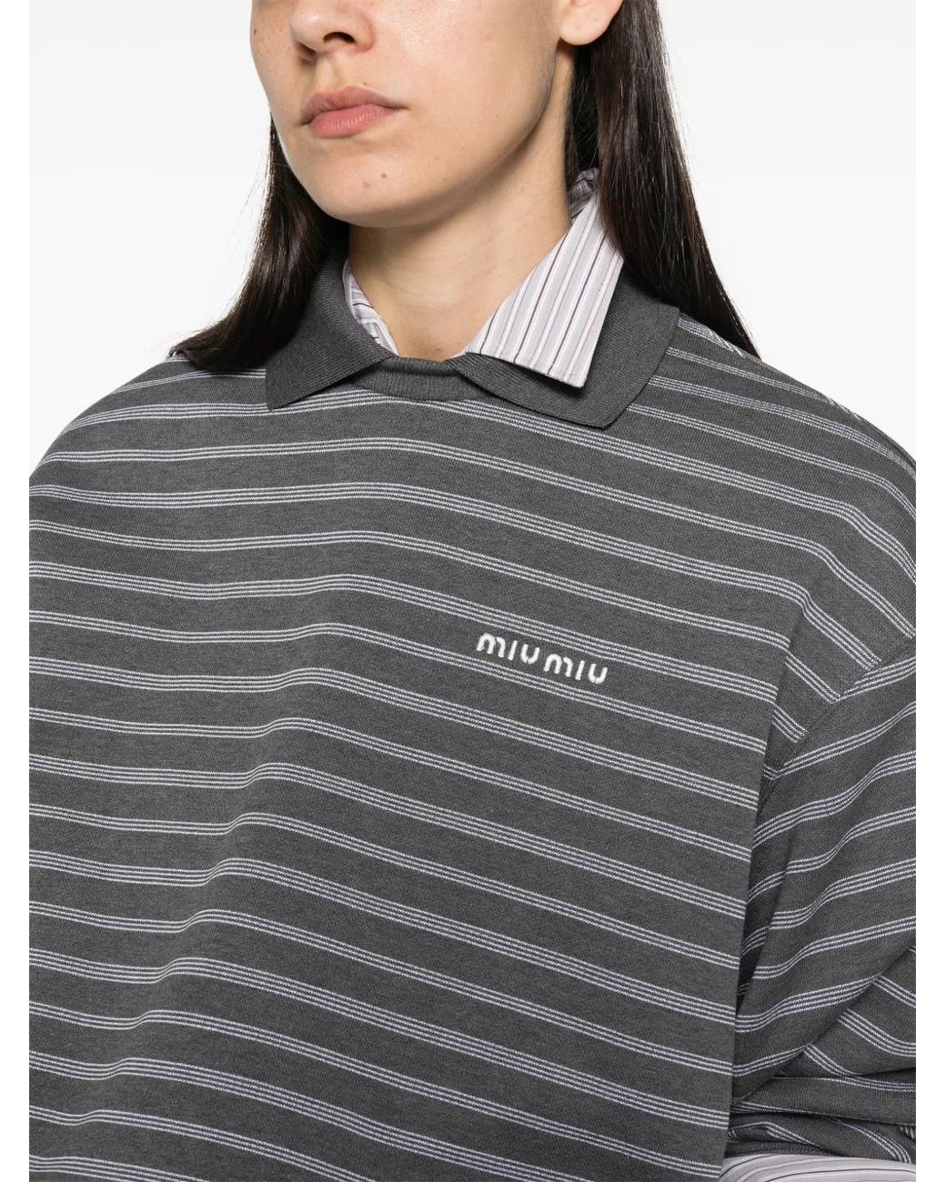 Miu Miu Gray Horizontal-Stripe Polo-Collar Sweater