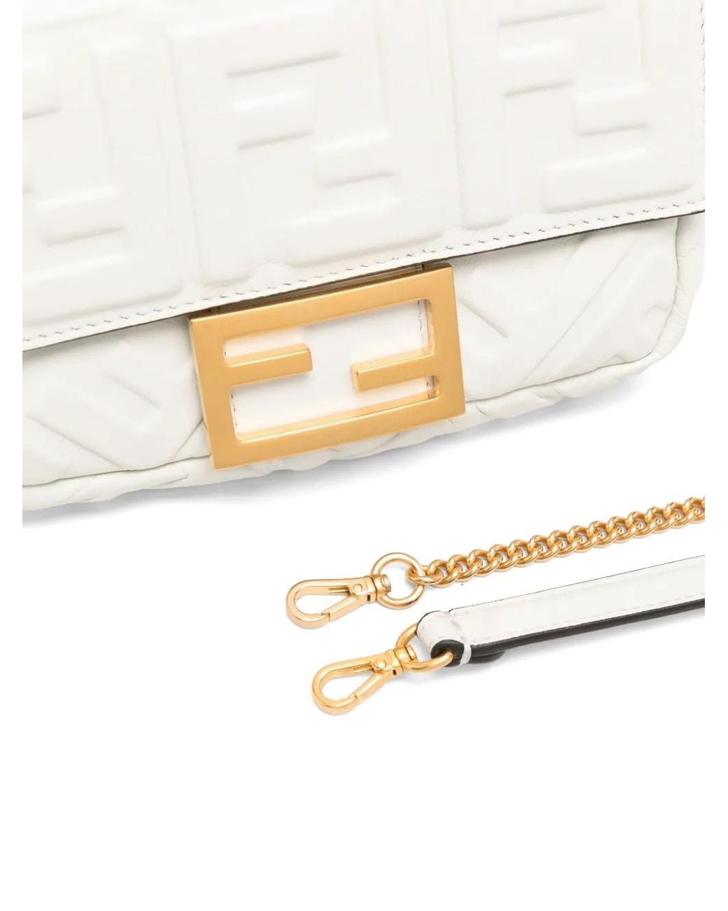 Fendi White Mini Baguette Embossed-Logo Shoulder Bag