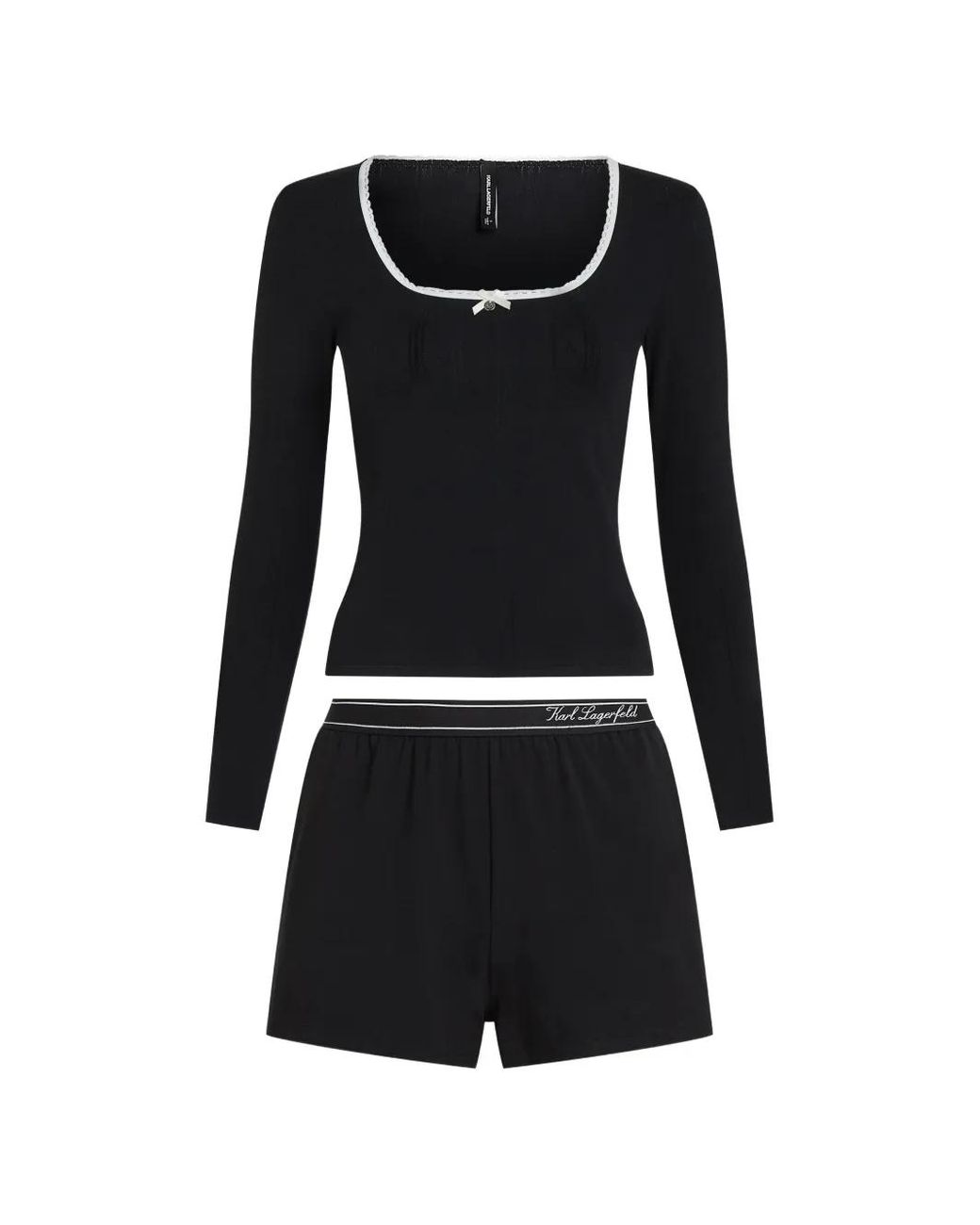 Karl Lagerfeld Black Pyjama En Maille Pointelle À Finitions En Dentelle