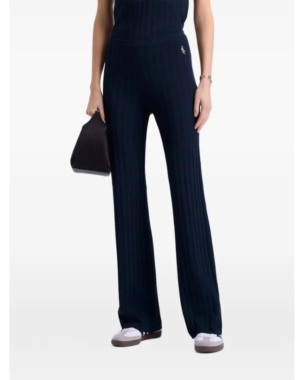 Sporty & Rich Blue Ribbed-Knit Embroidered-Logo Trousers