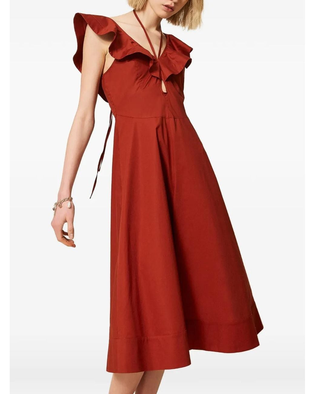 Twinset Red Poplin Midi Dress With Ruffles