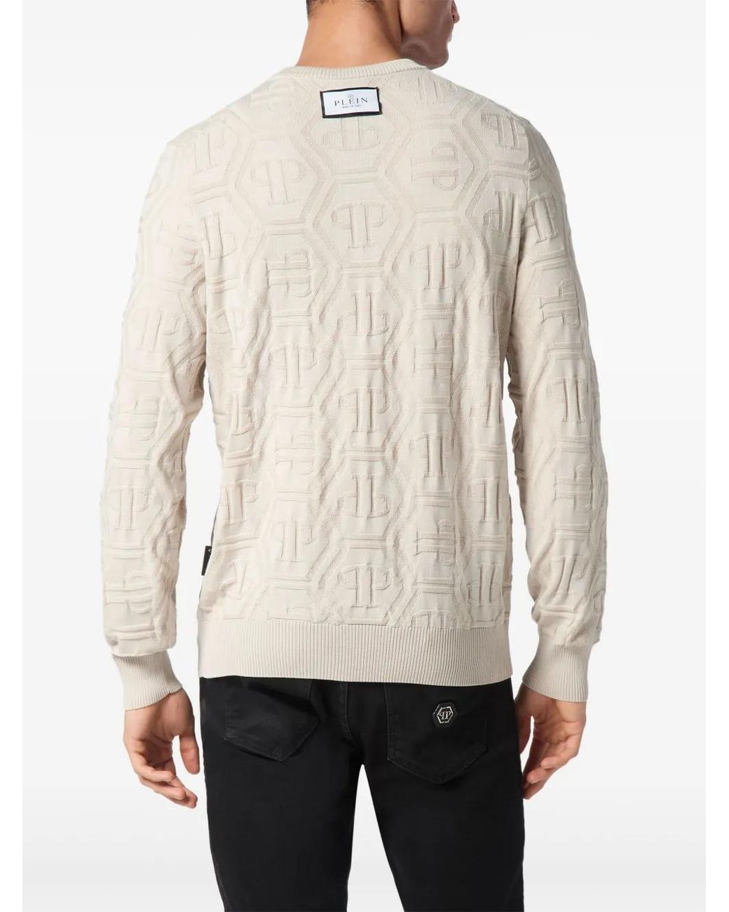 Philipp Plein Natural Jacquard Silk Wool Pullover Round Neck Ls Monogram for men