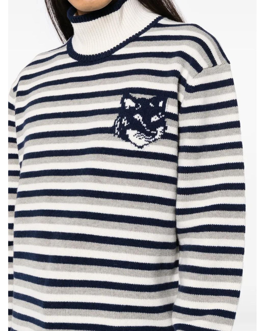 Maison Kitsuné Blue Fox Head Intarsia Striped Jumper for men