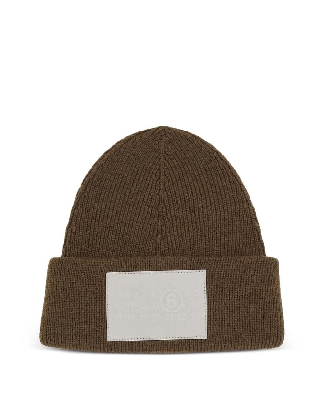 MM6 by Maison Margiela Brown Logo-Patch Ribbed-Knit Beanie Hat