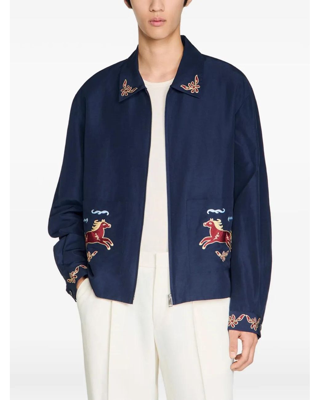Sandro Blue Embroidered Wing Collar Jacket for men