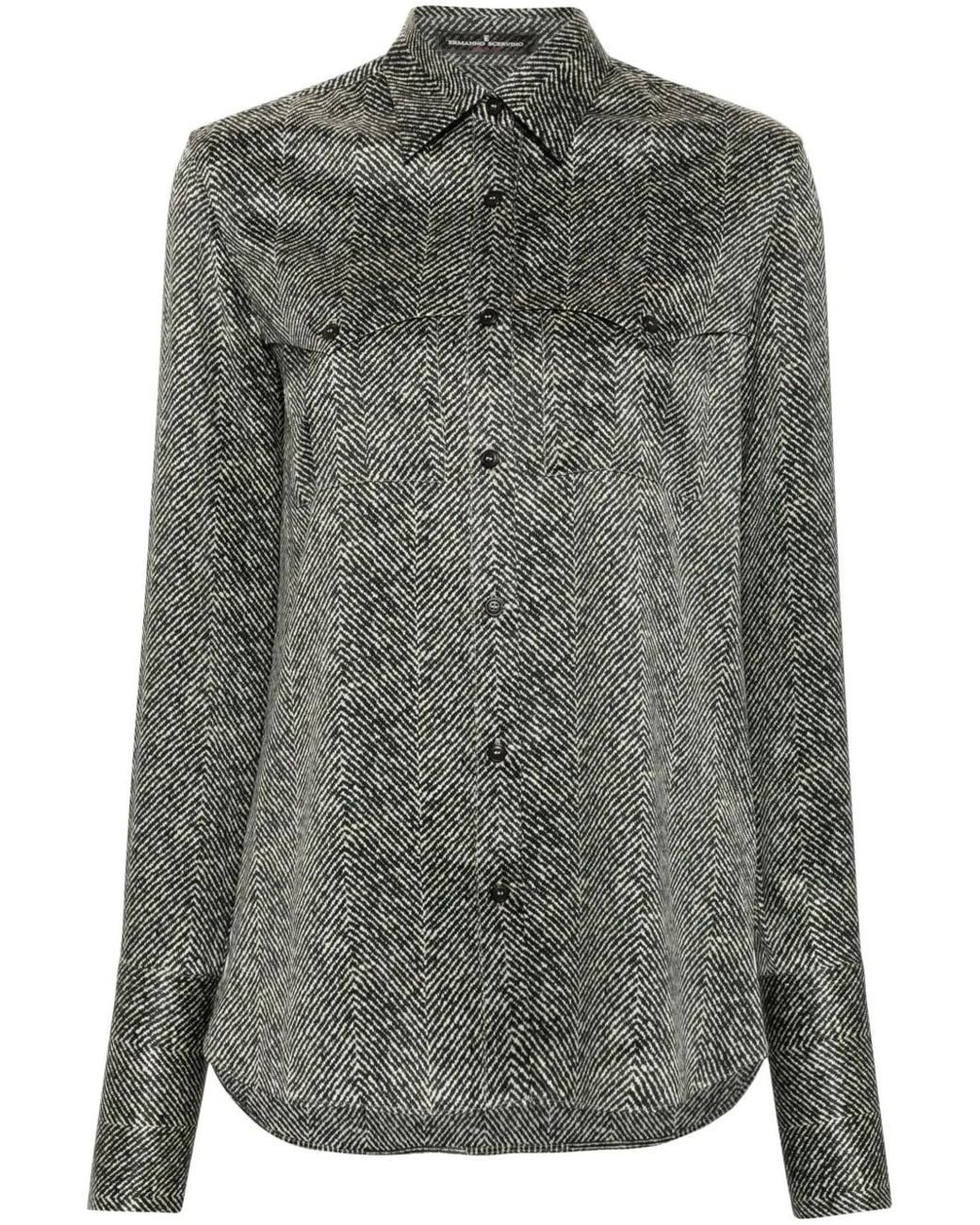 Ermanno Scervino Gray Herringbone Pattern Silk Shirt