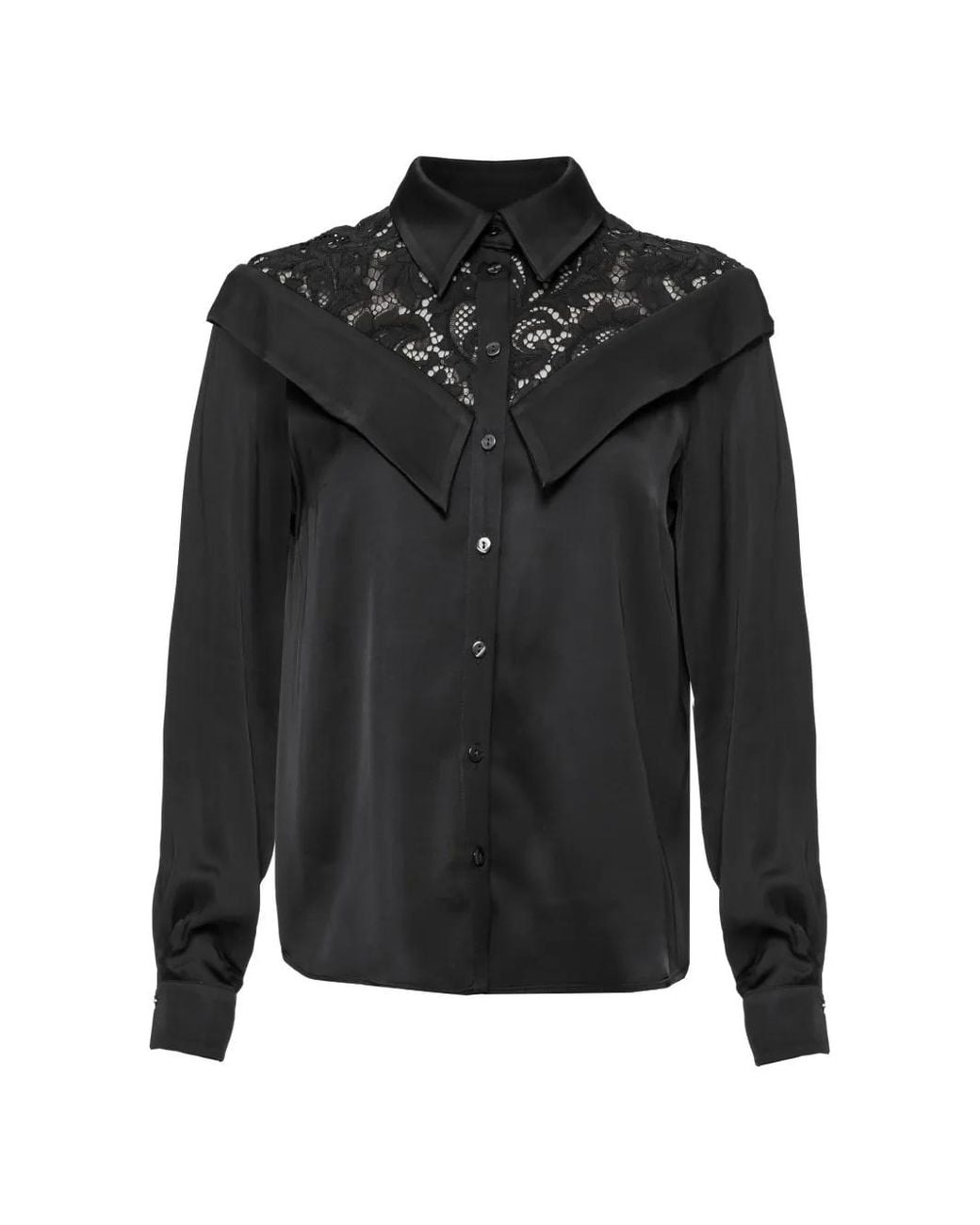 Nissa Black Chemise En Satin Viscose À Empiècements En Dentelle