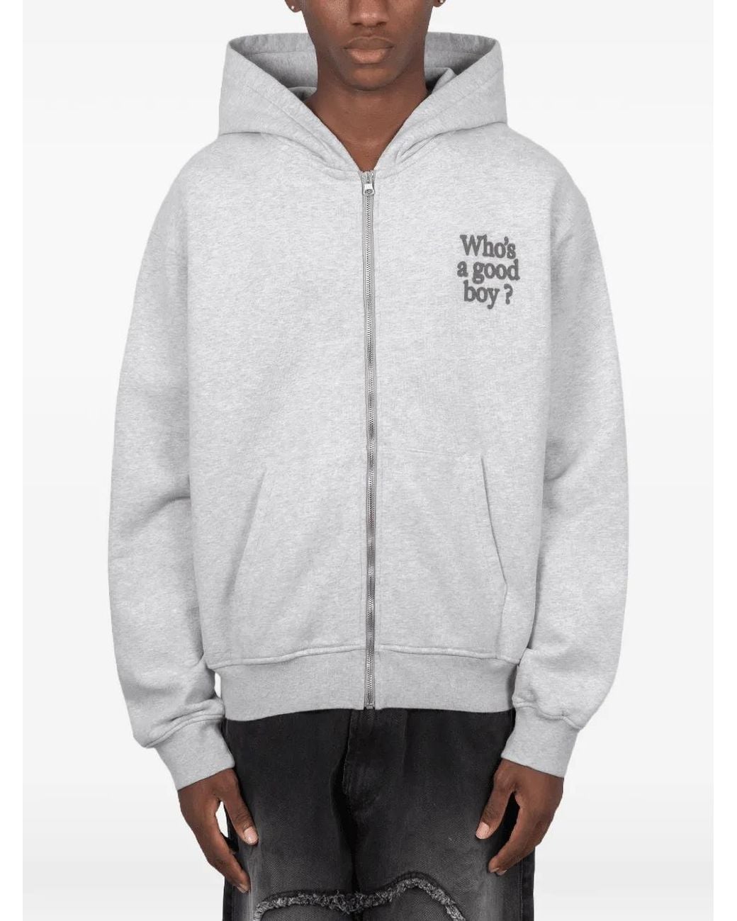 Carne Bollente Gray Who's A Good Boy? Graphic-Print Zip-Up Hoodie for men