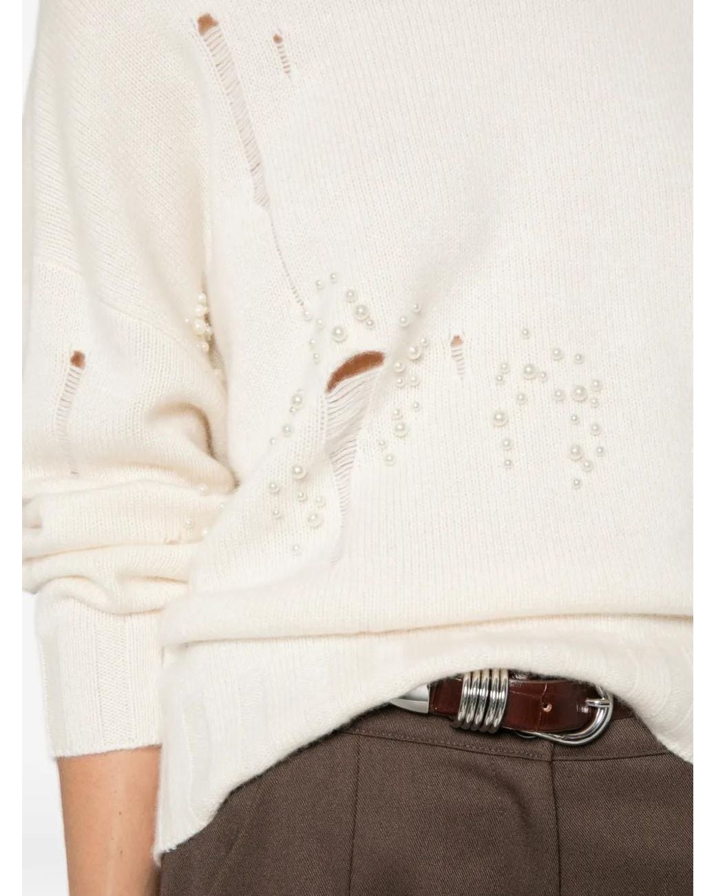 Kujten White Serafina Pearl-Embellished Distressed Sweater