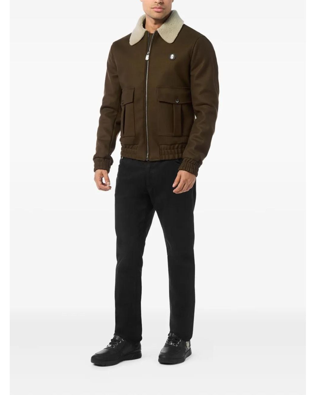 Billionaire Brown Shearling-Collared Wool Jacket for men