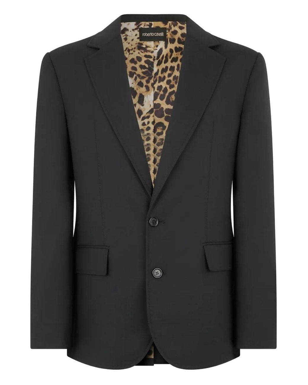 Roberto Cavalli Black Leopard-Print Lining Wool Blazer for men