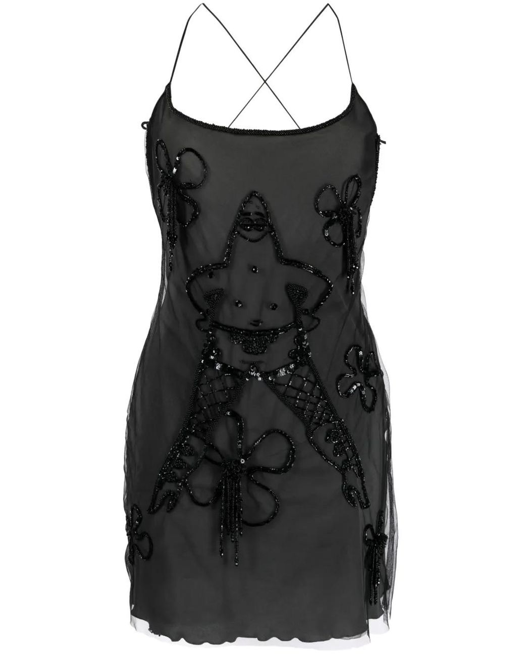 Gcds Black Patrick-Embellished Tulle Mini Dress