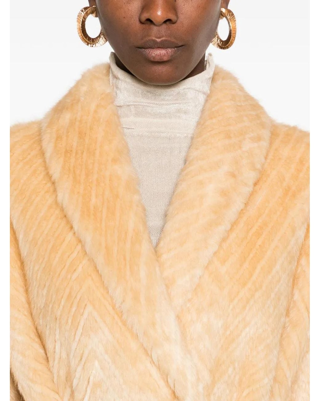 forte_forte Chevron-Pattern Belted Coat in Natural | Lyst