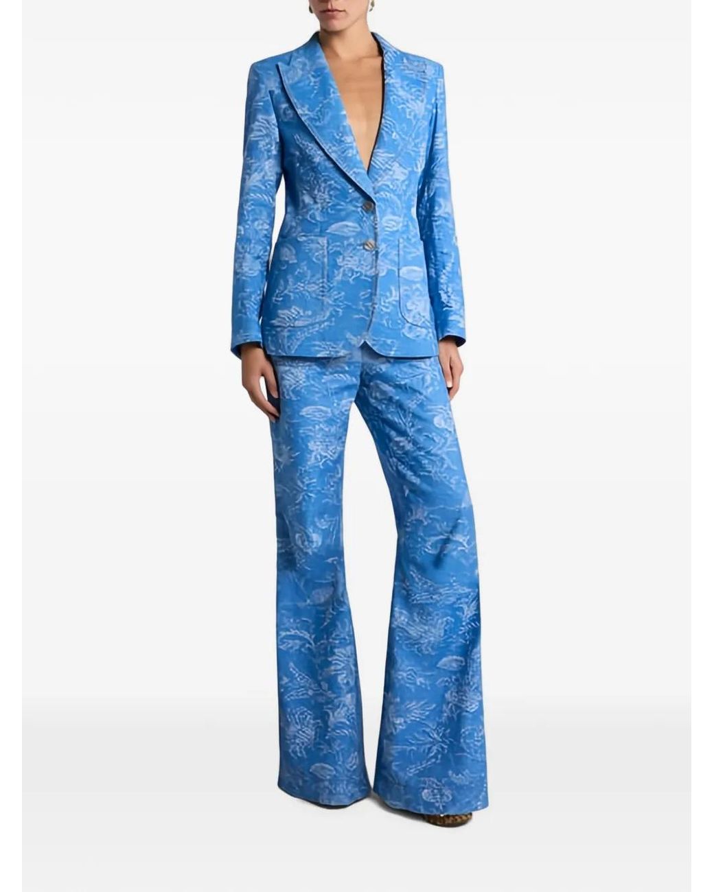Etro Blue Flared Cotton And Linen Jacquard Denim Jeans With Floral Motif