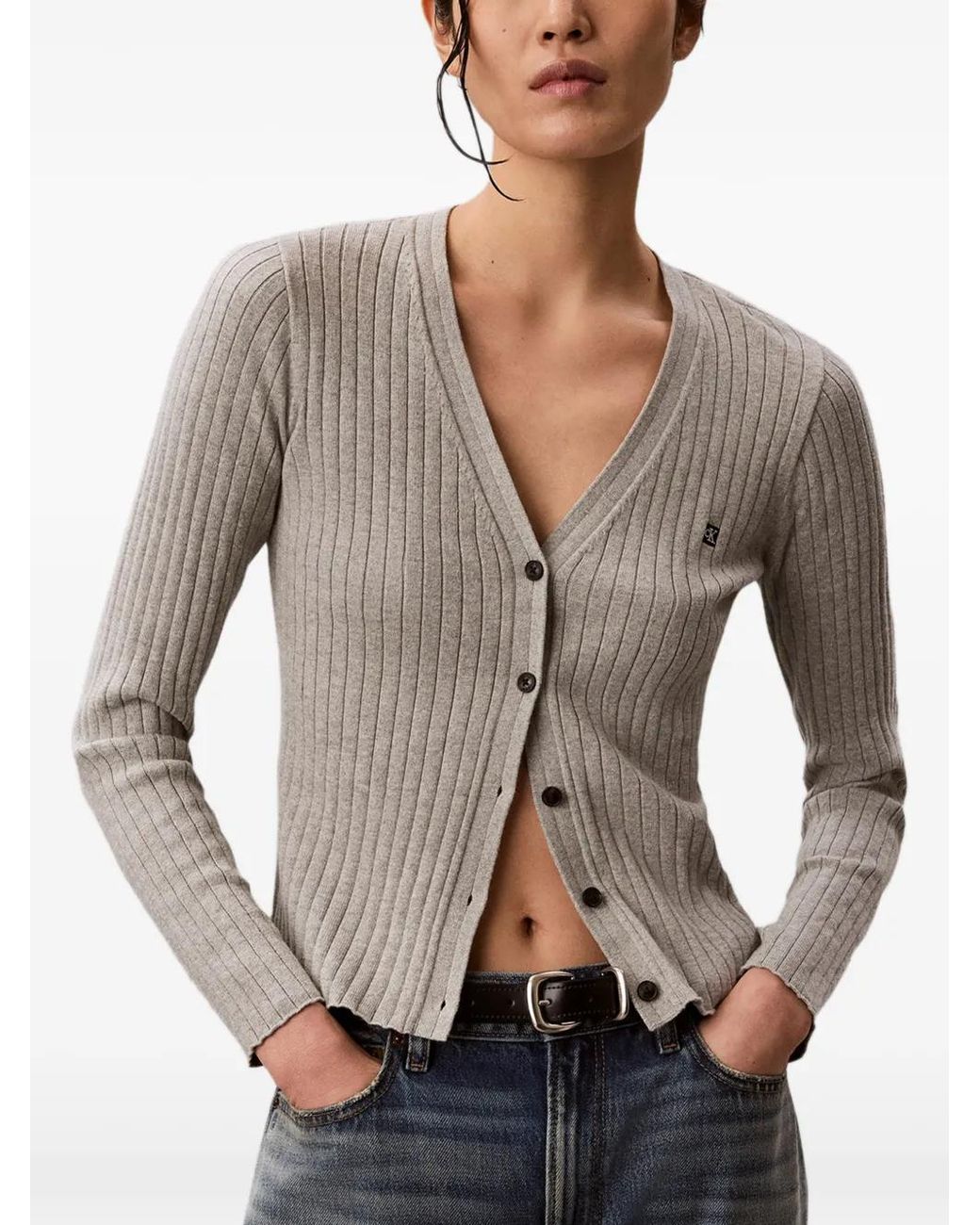 Calvin Klein Gray Ribbed-Knit Logo-Patch Cardigan
