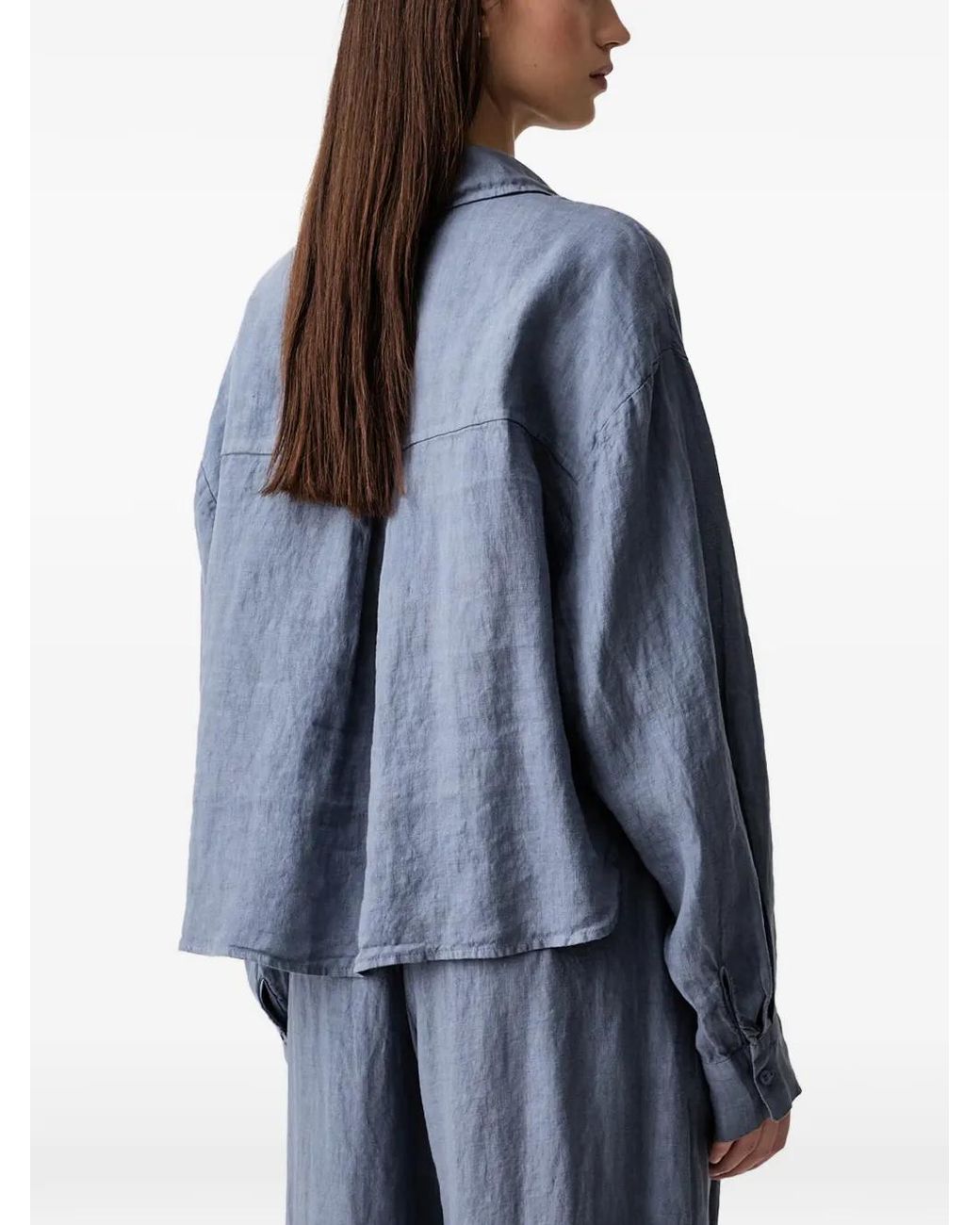 ViCOLO Blue Cropped Button-Down Linen Shirt