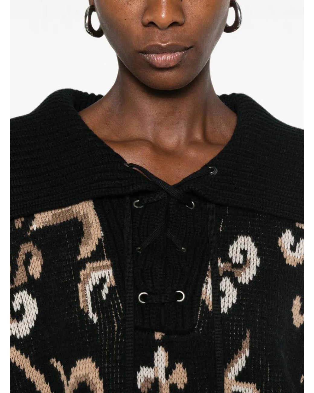 Etro Black Intarsia-Knit Lace-Up Sweater