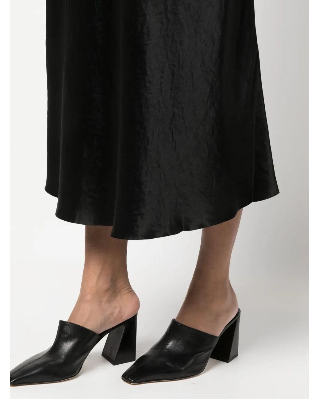 Vince Black Satin-Finish Draped Midi Skirt