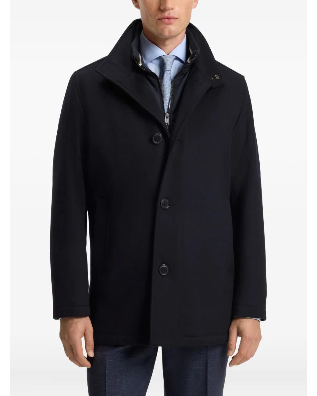 Boss Blue High-Neck Single-Breasted Coat for men