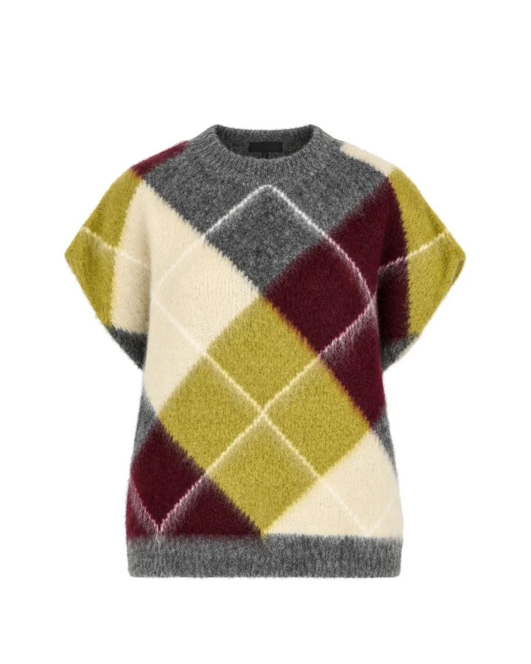 SOLOTRE Gray Argyle-Knit Short-Sleeve Sweater