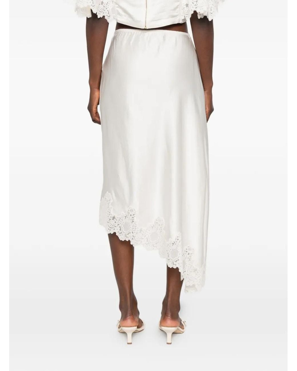 Sandro White Asymmetrical Satin Skirt With Lace
